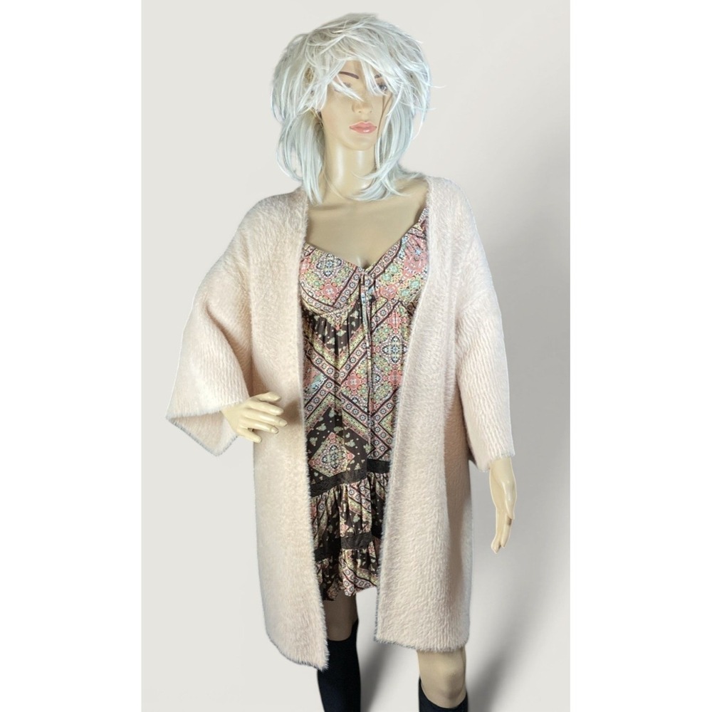 Joan Vass Eyelash Knit Cardigan Womens L Blush Pink Kimono Sleeve Luxury Flirty